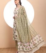  white and green floral print straight kurta trouser dupatta set cotton lining