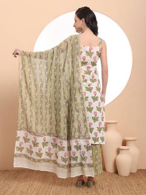  white and green floral print straight kurta trouser dupatta set cotton lining 2