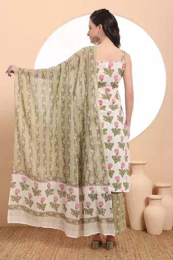  white and green floral print straight kurta trouser dupatta set cotton lining