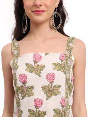  white and green floral print straight kurta trouser dupatta set cotton lining 3