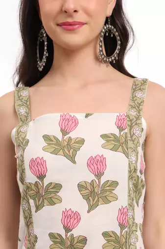  white and green floral print straight kurta trouser dupatta set cotton lining