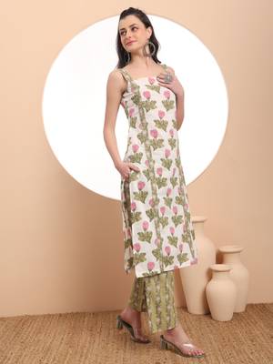  white and green floral print straight kurta trouser dupatta set cotton lining 4