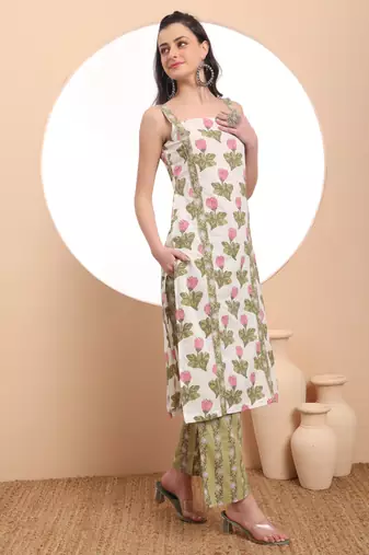  white and green floral print straight kurta trouser dupatta set cotton lining