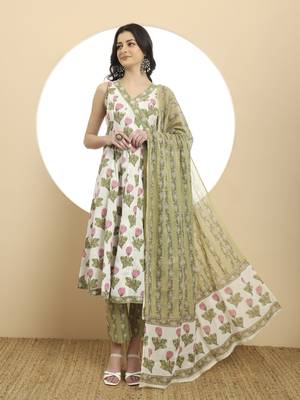  white and green floral print anarkali kurta set with dupatta 1