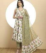  white and green floral print anarkali kurta set with dupatta