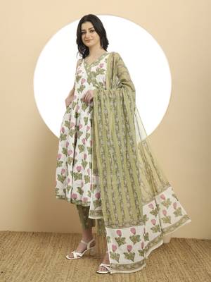  white and green floral print anarkali kurta set with dupatta 2