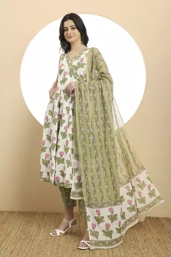  white and green floral print anarkali kurta set with dupatta