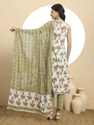  white and green floral print anarkali kurta set with dupatta 3
