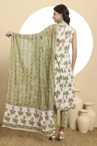  white and green floral print anarkali kurta set with dupatta