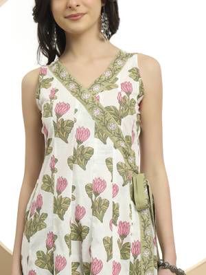  white and green floral print anarkali kurta set with dupatta 4