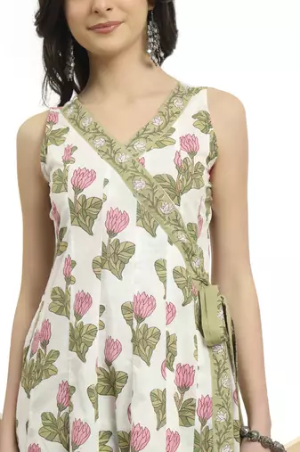  white and green floral print anarkali kurta set with dupatta