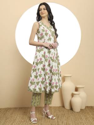  white and green floral print anarkali kurta set with dupatta 5