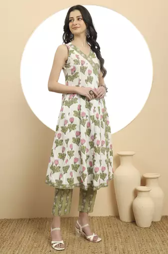  white and green floral print anarkali kurta set with dupatta