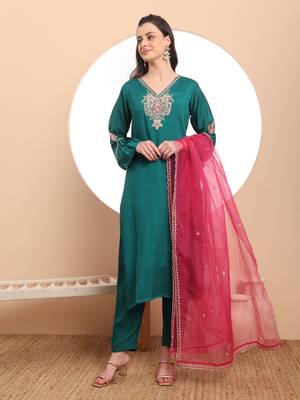  teal green embroidered kurta with pant and dupatta comes with cotton lining 1