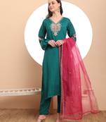  teal green embroidered kurta with pant and dupatta comes with cotton lining