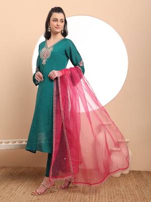  teal green embroidered kurta with pant and dupatta comes with cotton lining 2