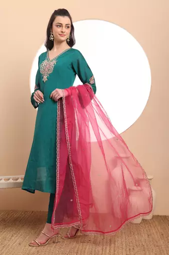  teal green embroidered kurta with pant and dupatta comes with cotton lining