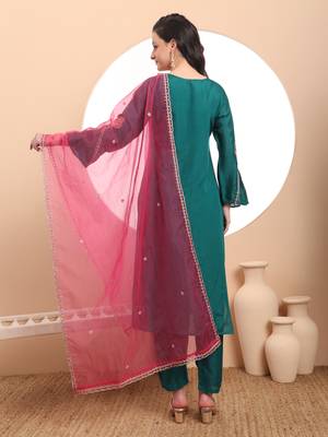  teal green embroidered kurta with pant and dupatta comes with cotton lining 3
