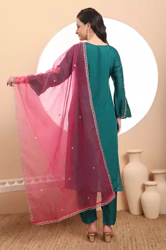  teal green embroidered kurta with pant and dupatta comes with cotton lining