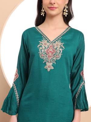  teal green embroidered kurta with pant and dupatta comes with cotton lining 4