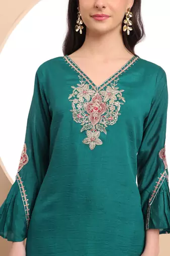  teal green embroidered kurta with pant and dupatta comes with cotton lining