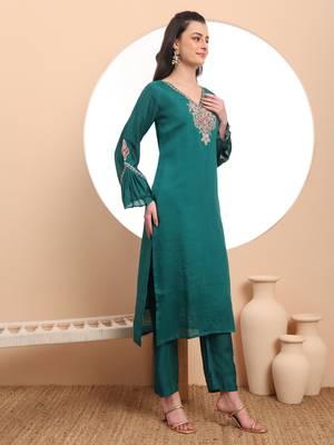  teal green embroidered kurta with pant and dupatta comes with cotton lining 5
