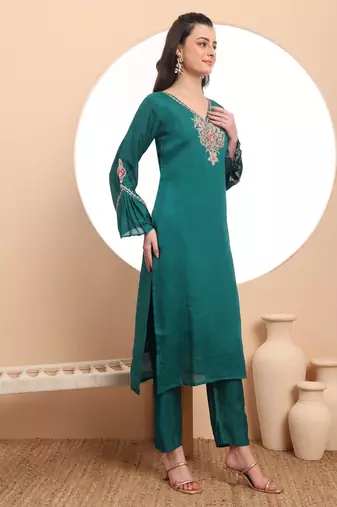  teal green embroidered kurta with pant and dupatta comes with cotton lining