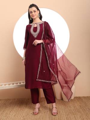  burgundy embroidered kurta with pant and dupatta comes with cotton lining 1