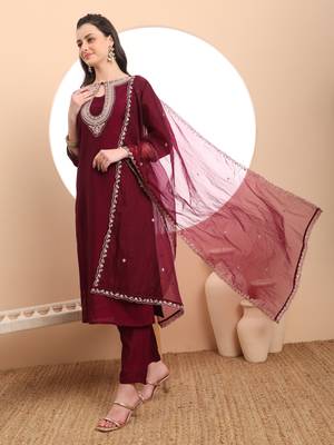  burgundy embroidered kurta with pant and dupatta comes with cotton lining 2