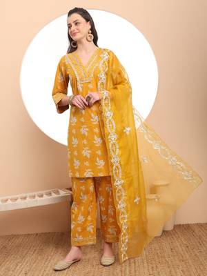  mustard cotton lace work kurta set with pant & dupatta 1