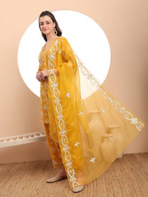  mustard cotton lace work kurta set with pant & dupatta 2