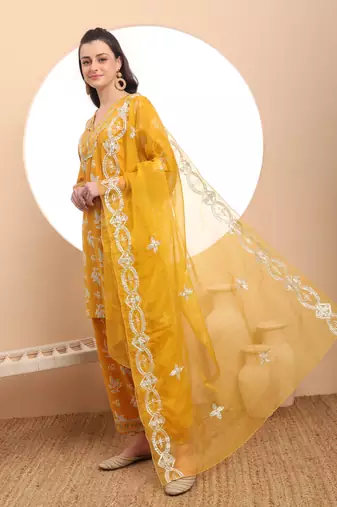  mustard cotton lace work kurta set with pant & dupatta