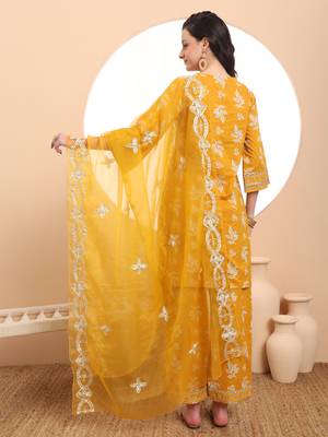  mustard cotton lace work kurta set with pant & dupatta 3