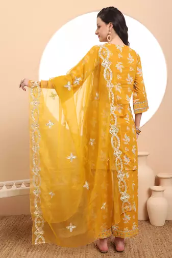  mustard cotton lace work kurta set with pant & dupatta