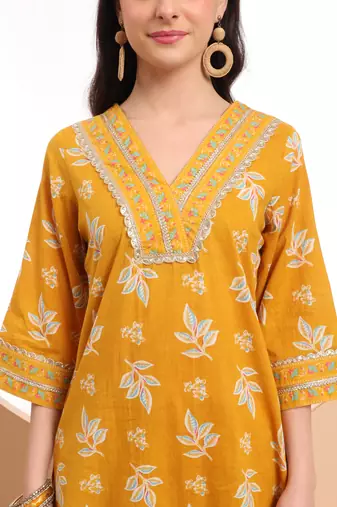  mustard cotton lace work kurta set with pant & dupatta