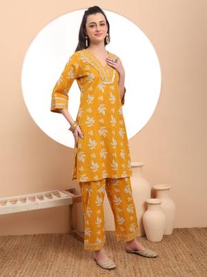  mustard cotton lace work kurta set with pant & dupatta 5