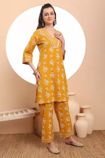  mustard cotton lace work kurta set with pant & dupatta