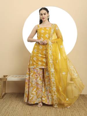  mustard cotton sleeveless kurta palazzo dupatta set 1