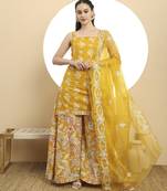  mustard cotton sleeveless kurta palazzo dupatta set