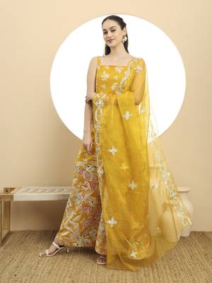  mustard cotton sleeveless kurta palazzo dupatta set 2