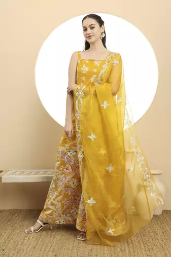  mustard cotton sleeveless kurta palazzo dupatta set