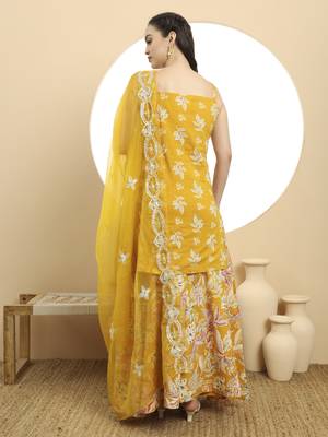  mustard cotton sleeveless kurta palazzo dupatta set 3