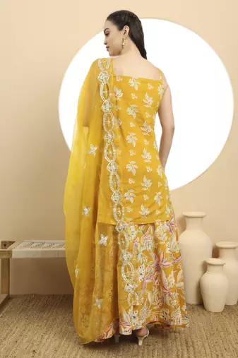  mustard cotton sleeveless kurta palazzo dupatta set