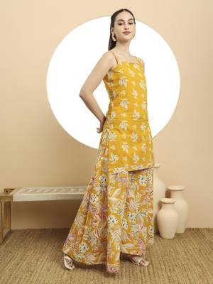  mustard cotton sleeveless kurta palazzo dupatta set 5