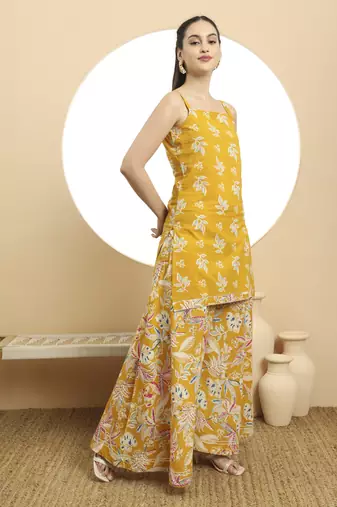  mustard cotton sleeveless kurta palazzo dupatta set