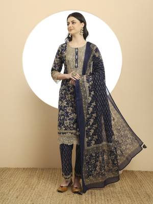 navy blue cotton kurta dupatta set with lace detailing 1