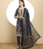 navy blue cotton kurta dupatta set with lace detailing
