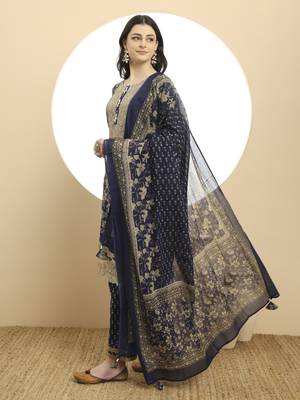 navy blue cotton kurta dupatta set with lace detailing 2