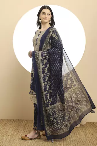 navy blue cotton kurta dupatta set with lace detailing