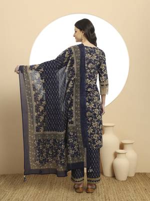 navy blue cotton kurta dupatta set with lace detailing 3
